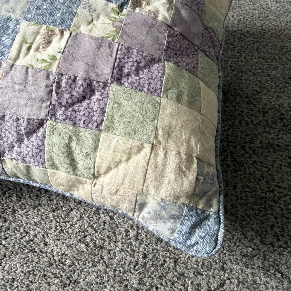 Vtg Cottagecore Patchwork Quilted Pillow Purple, Blue Floral 16